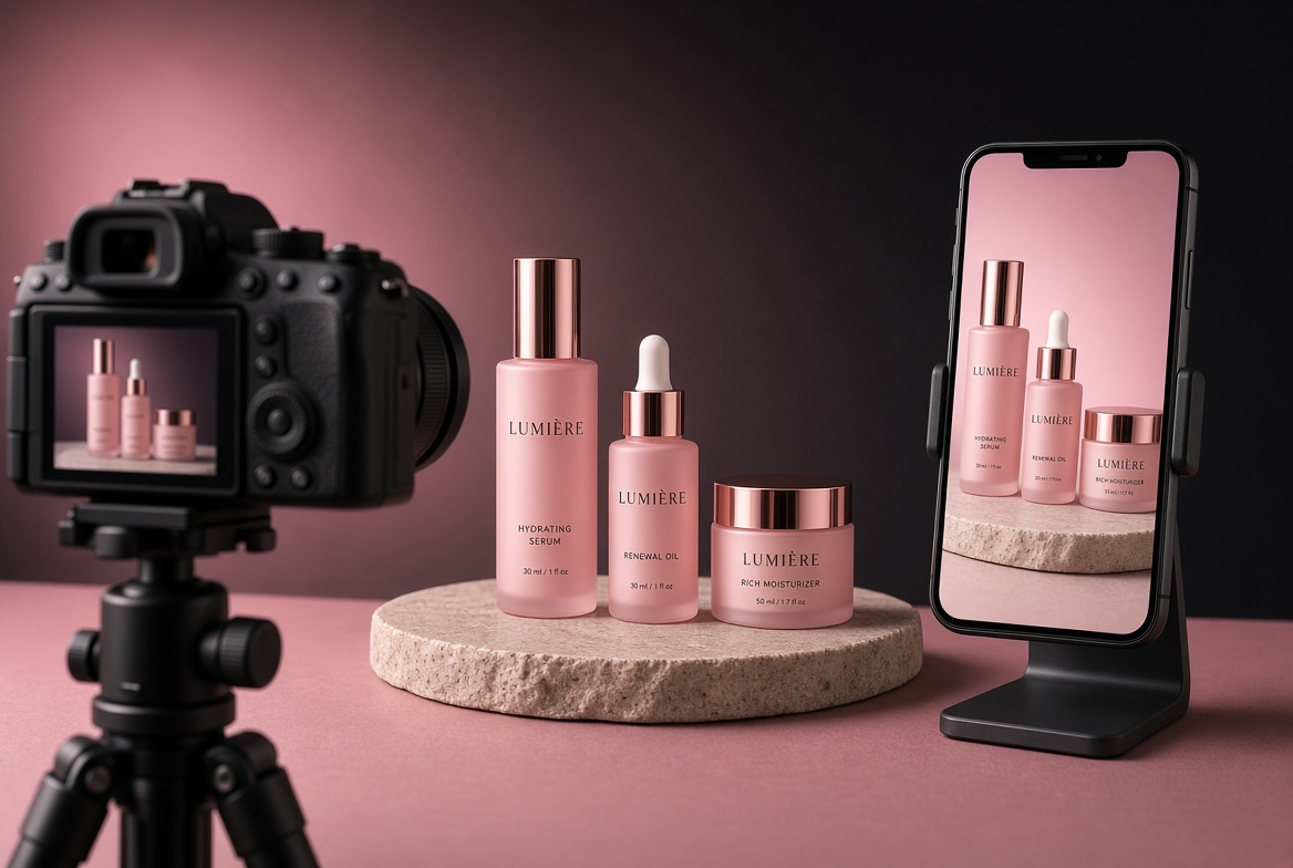 Camera, phone and products in a content production setup