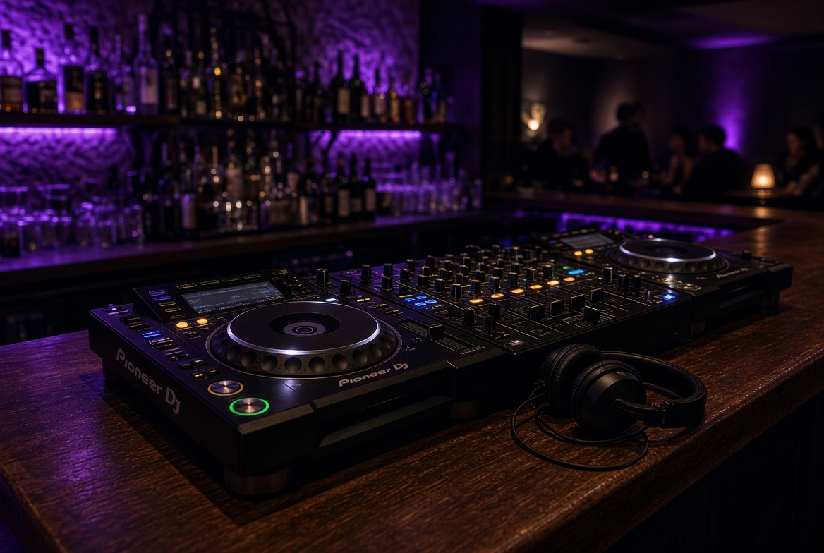 DJ decks and mixer in an intimate venue